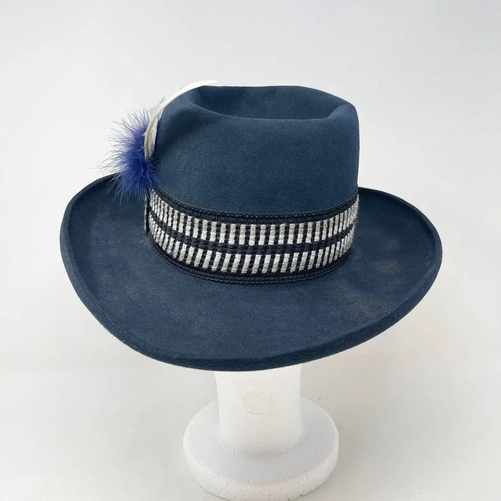 Bailey New West Gambler Cowboy Hat Navy Blue Wool Felt Feathers Curled Brim S